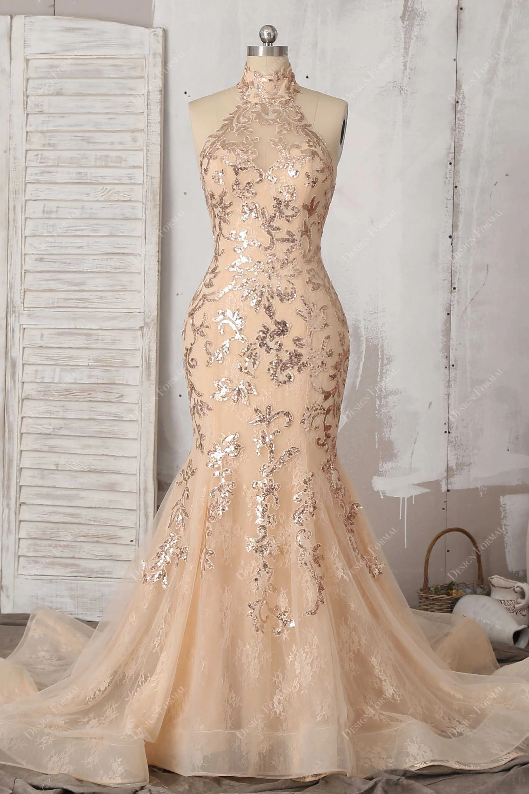 Champagne Sequin Lace Elegant Halter Mermaid Dress