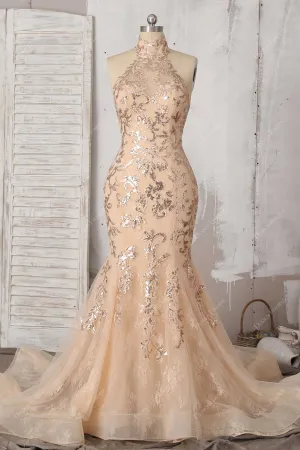Champagne Sequin Lace Elegant Halter Mermaid Dress