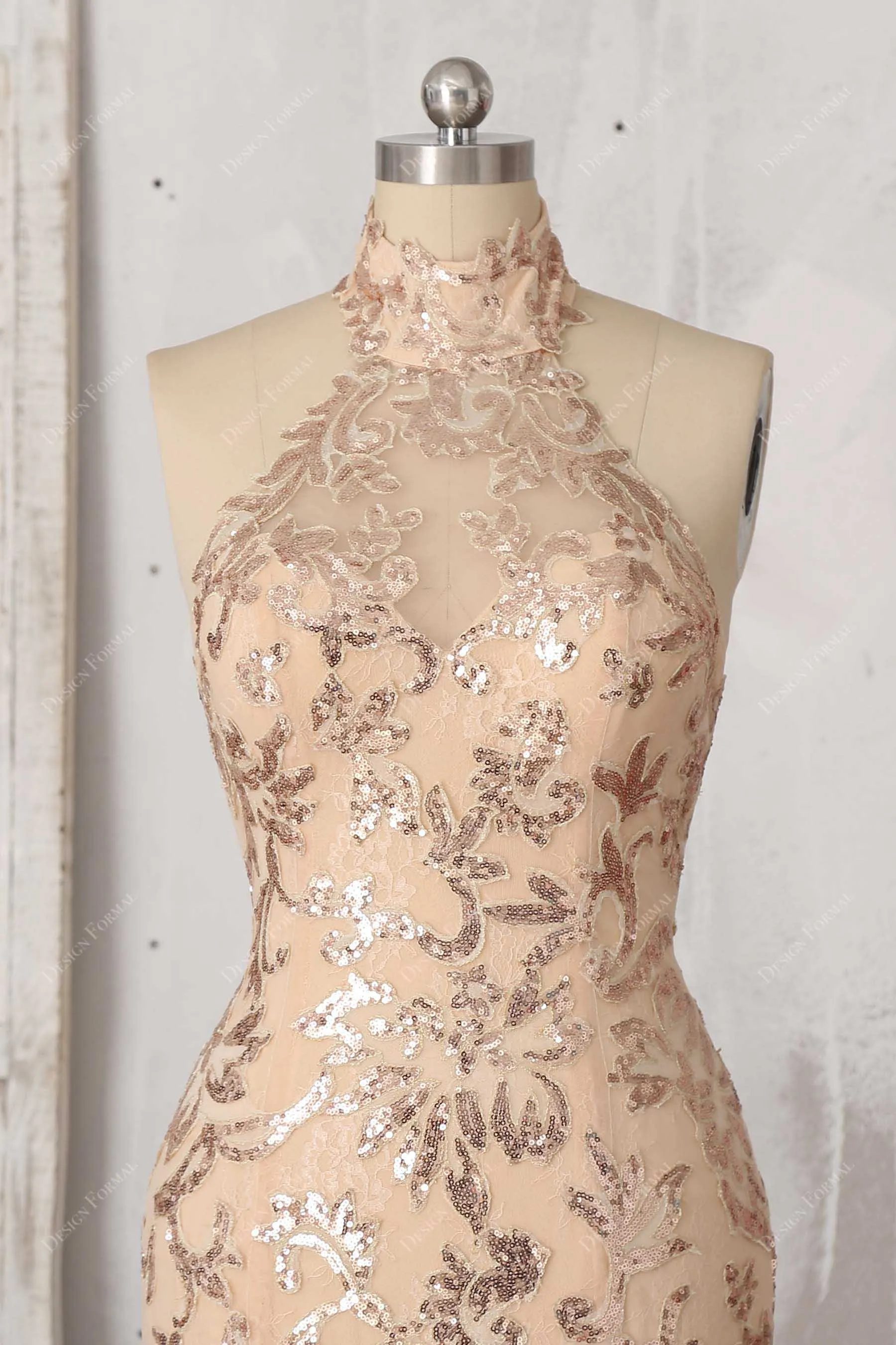Champagne Sequin Lace Elegant Halter Mermaid Dress