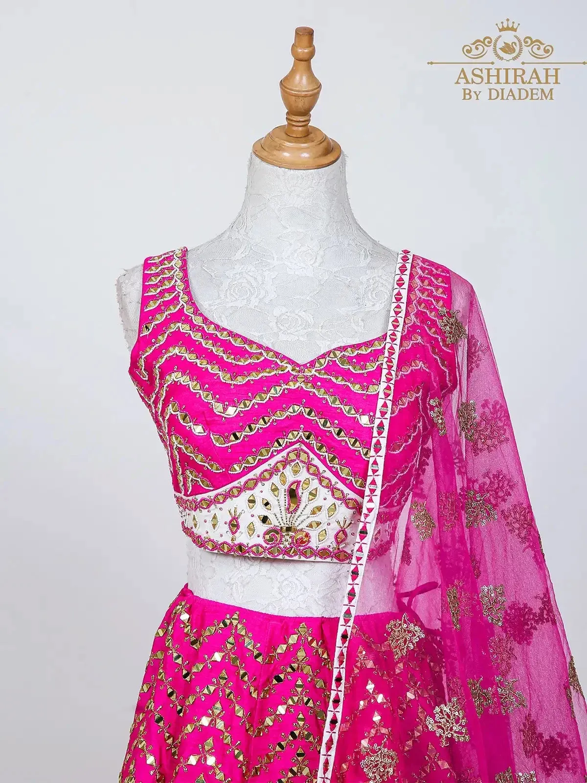 Dark Pink Raw Silk Lehenga Embroidered with Threads and Mirror work with Dupatta