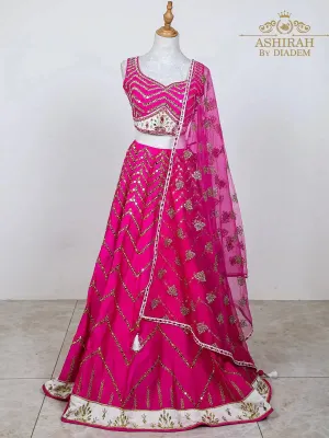 Dark Pink Raw Silk Lehenga Embroidered with Threads and Mirror work with Dupatta