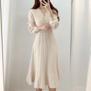 deanwangkt One Piece Korean Pleated Dress  New Spring Long Sleeve Slim Woman Sweater Dresses Knitted Vintage Elegant Midi Party Dress