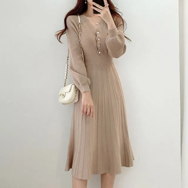deanwangkt One Piece Korean Pleated Dress  New Spring Long Sleeve Slim Woman Sweater Dresses Knitted Vintage Elegant Midi Party Dress