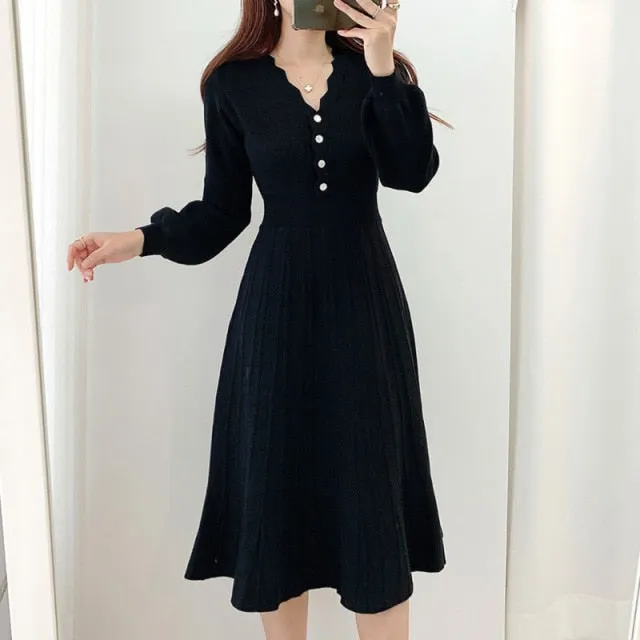 deanwangkt One Piece Korean Pleated Dress  New Spring Long Sleeve Slim Woman Sweater Dresses Knitted Vintage Elegant Midi Party Dress