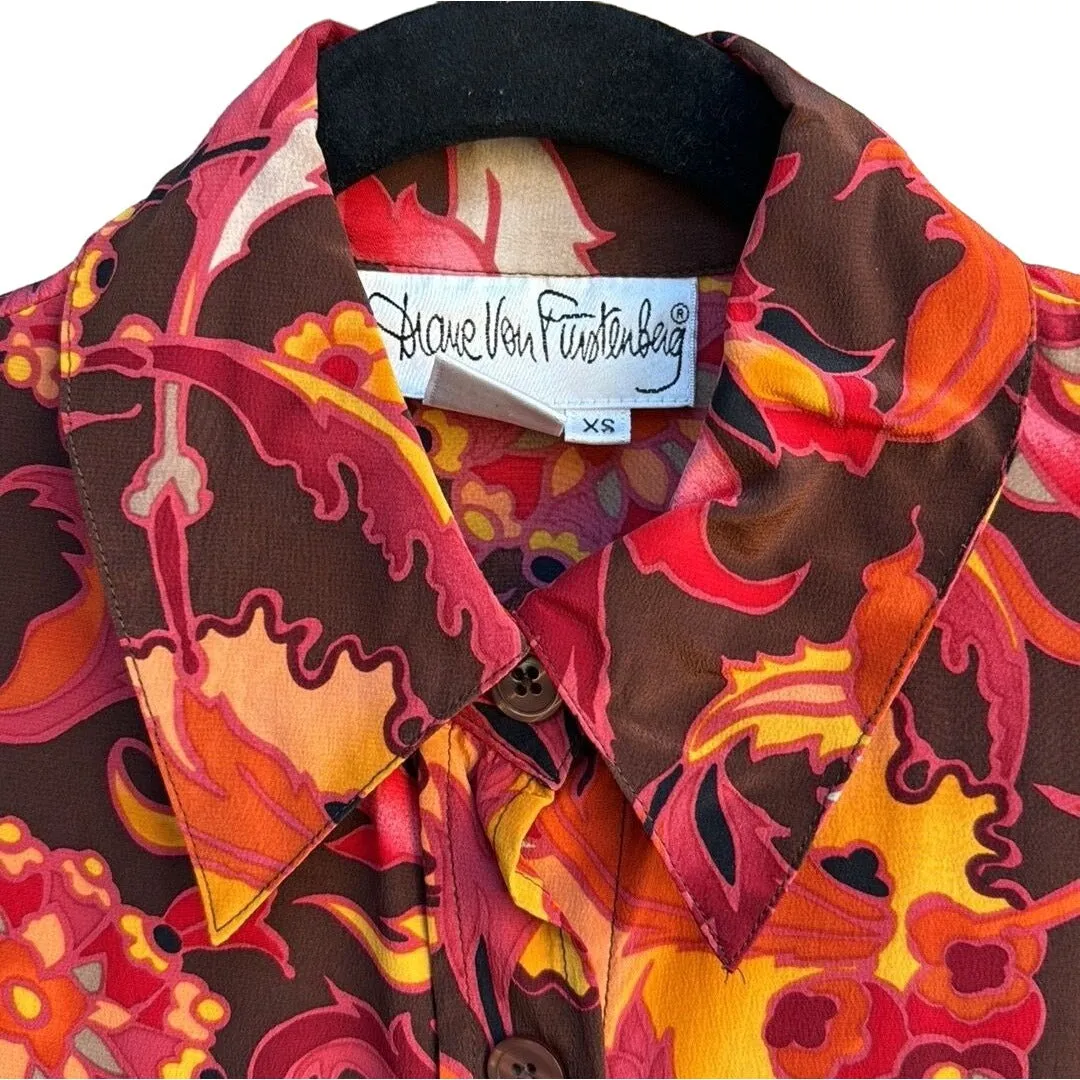 Diane Von Furstenberg Women's Vintage Silk Floral Button-Up Long Sleeve Blouse