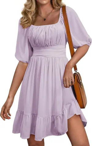 Dokotoo Womens Summer Dresses Square Neck Tie Back Lantern Sleeve Ruffle A-Line Casual Dress