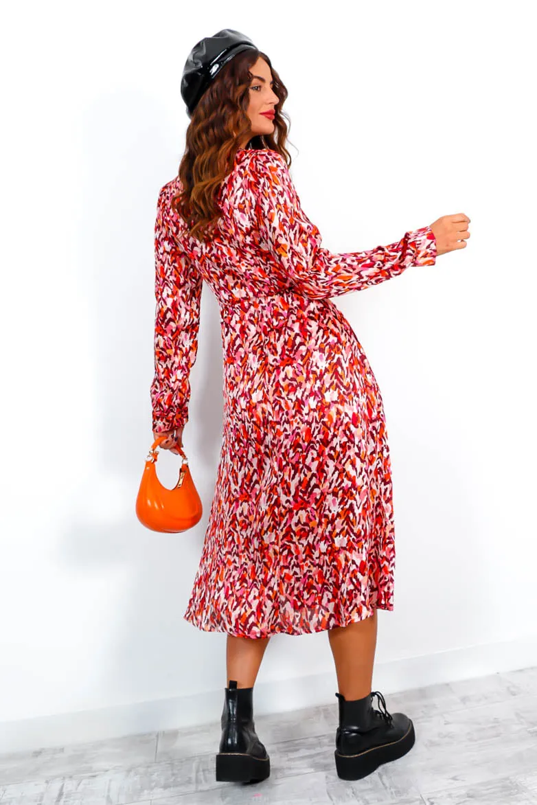 Dont Give A Glam - Pink Beige Printed Long Sleeve Midi Dress