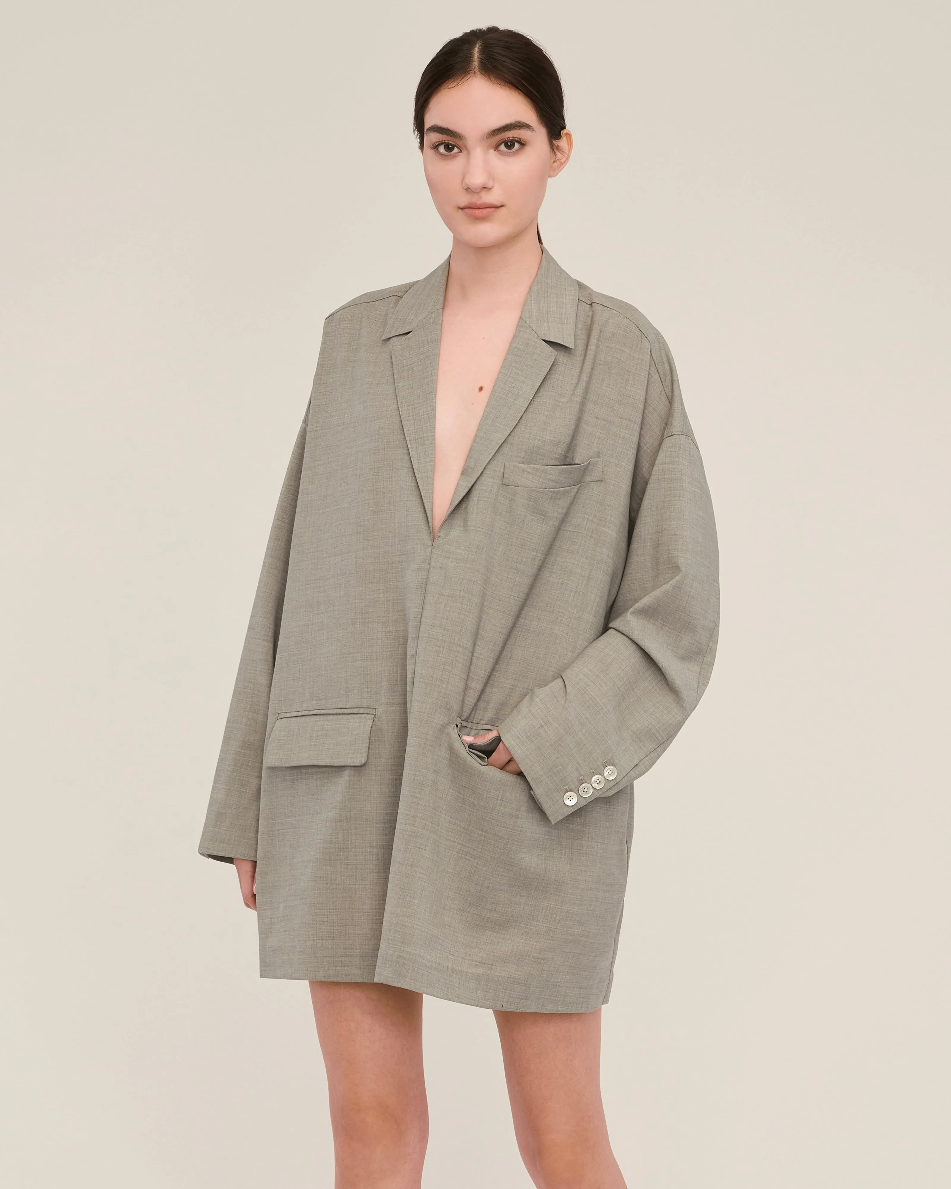 Elaine Tropical Wool Tunic Blazer in Dove Grey