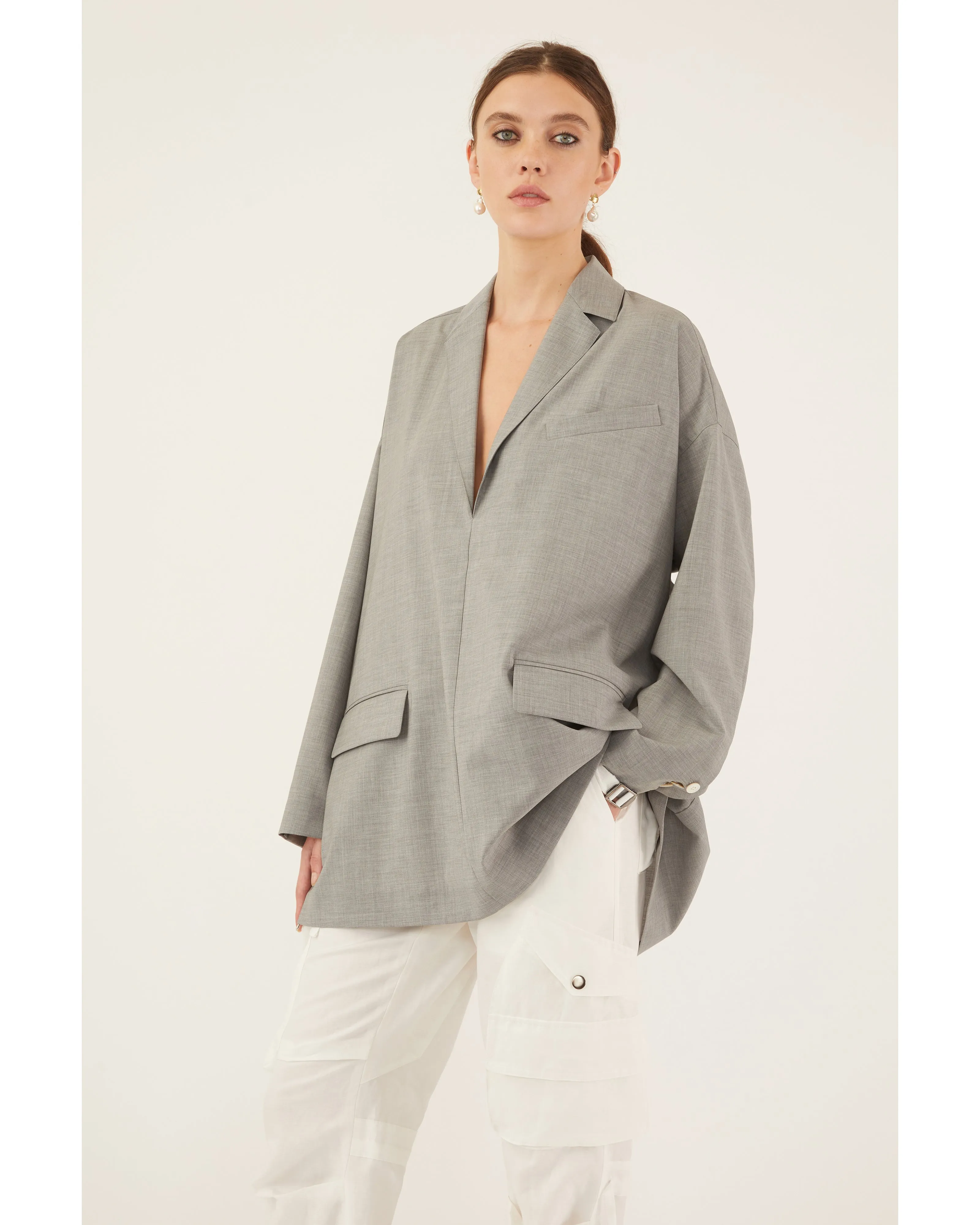 Elaine Tropical Wool Tunic Blazer in Dove Grey