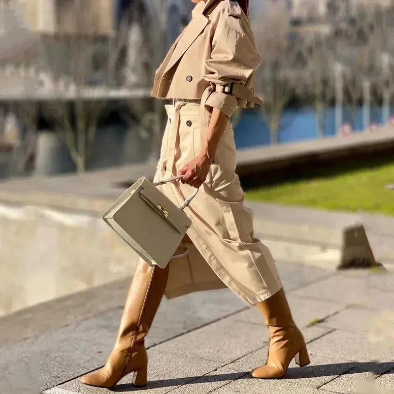 Elegant Long Sleeve Jacket Tops Long Skirts Solid Buckled Cargo Temperamental Female Two-piece Dresses 2024 Set