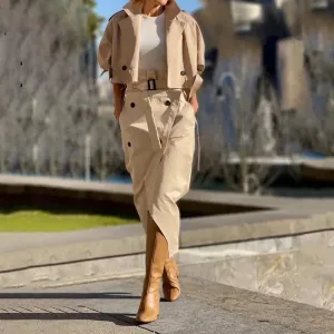 Elegant Long Sleeve Jacket Tops Long Skirts Solid Buckled Cargo Temperamental Female Two-piece Dresses 2024 Set