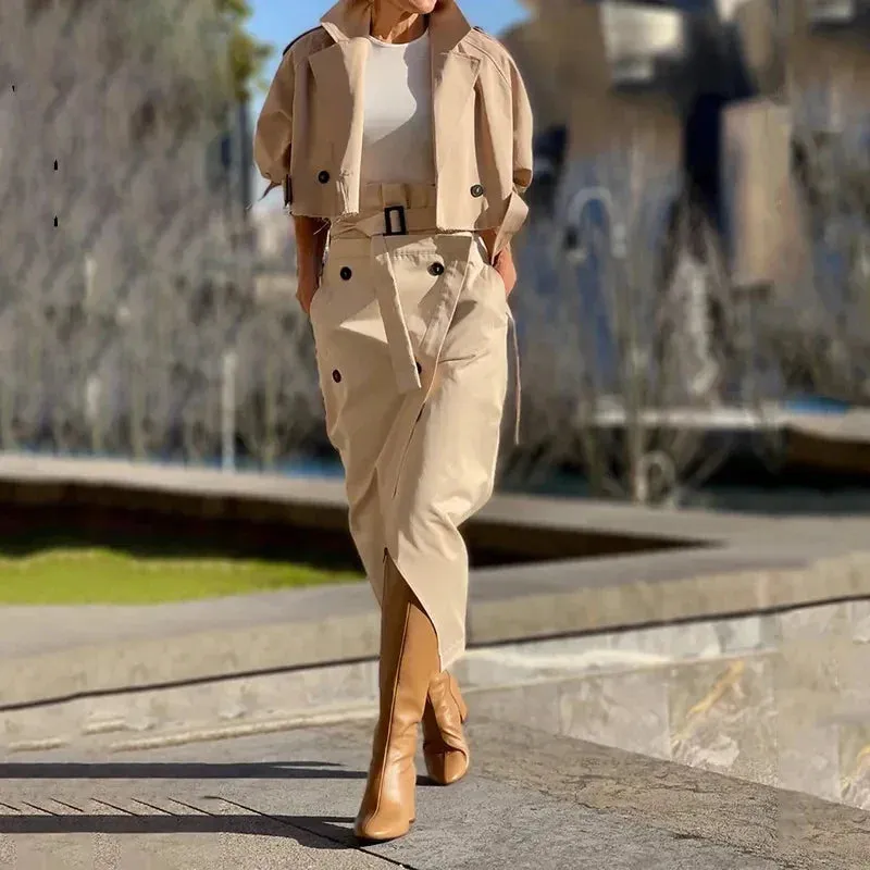 Elegant Long Sleeve Jacket Tops Long Skirts Solid Buckled Cargo Temperamental Female Two-piece Dresses 2024 Set