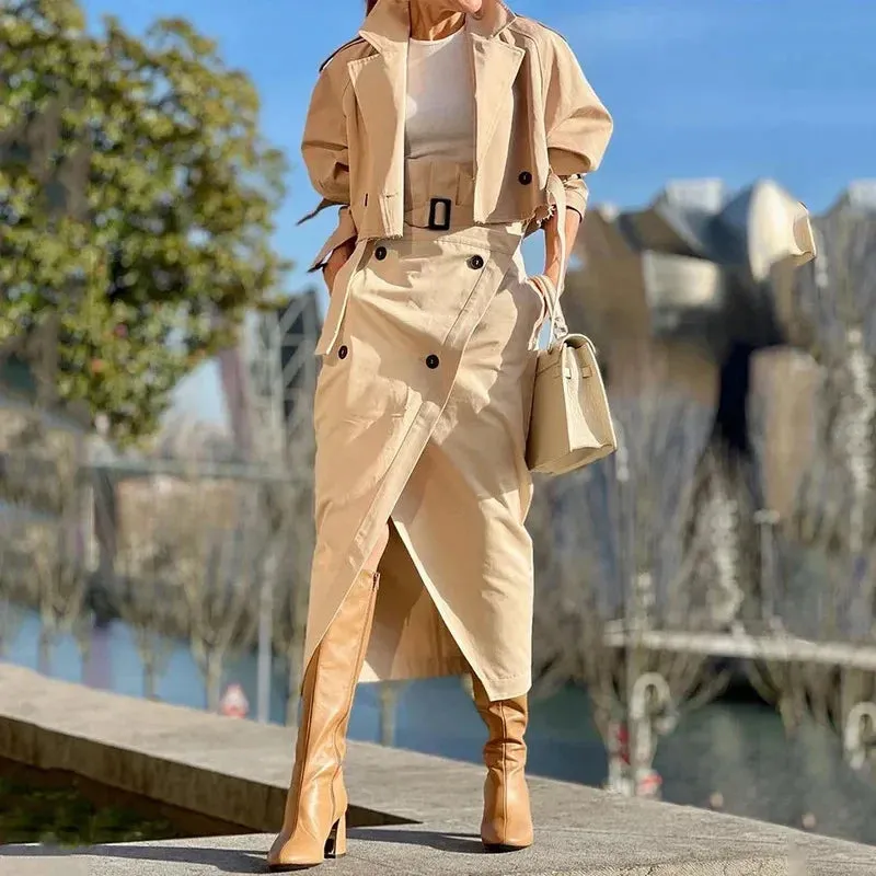 Elegant Long Sleeve Jacket Tops Long Skirts Solid Buckled Cargo Temperamental Female Two-piece Dresses 2024 Set