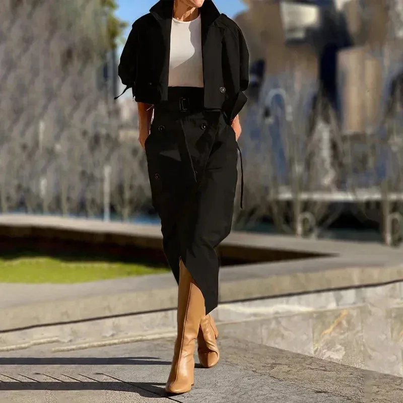 Elegant Long Sleeve Jacket Tops Long Skirts Solid Buckled Cargo Temperamental Female Two-piece Dresses 2024 Set