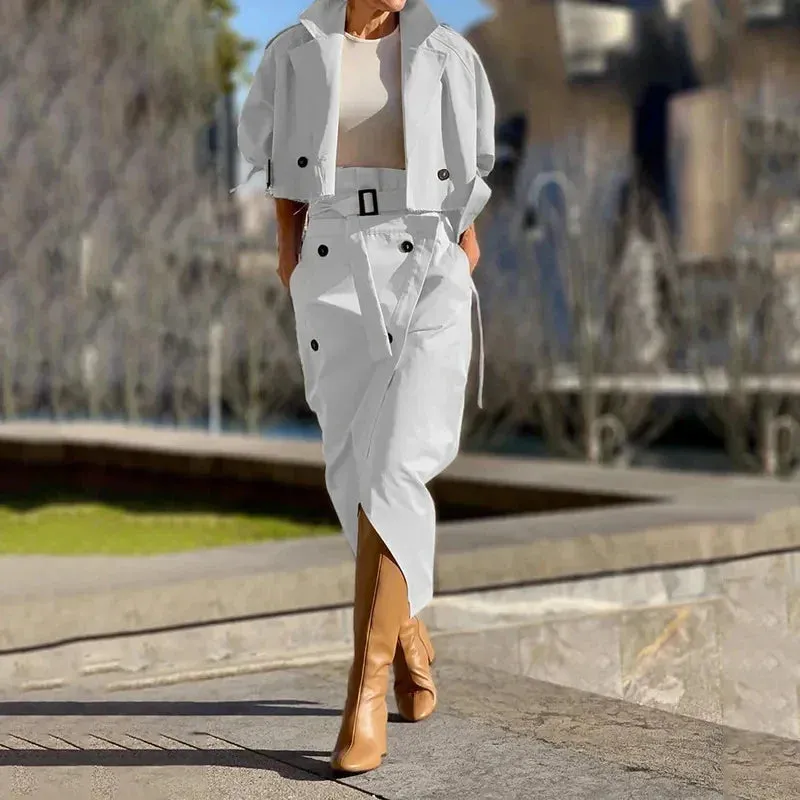 Elegant Long Sleeve Jacket Tops Long Skirts Solid Buckled Cargo Temperamental Female Two-piece Dresses 2024 Set