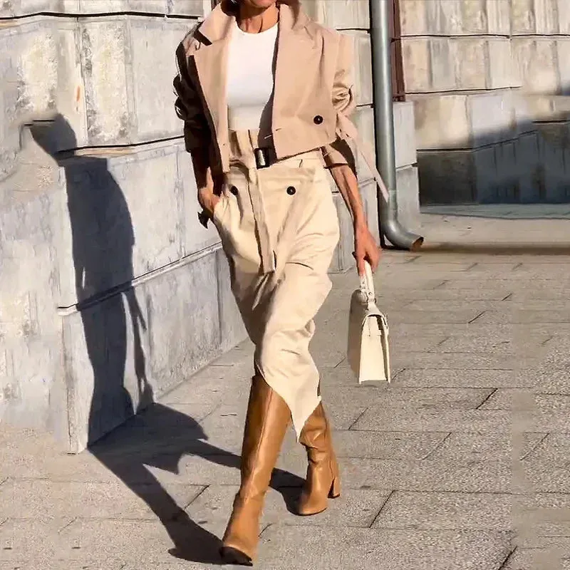 Elegant Long Sleeve Jacket Tops Long Skirts Solid Buckled Cargo Temperamental Female Two-piece Dresses 2024 Set