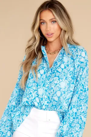Emory Mini Garden Floral Aqua Blouse