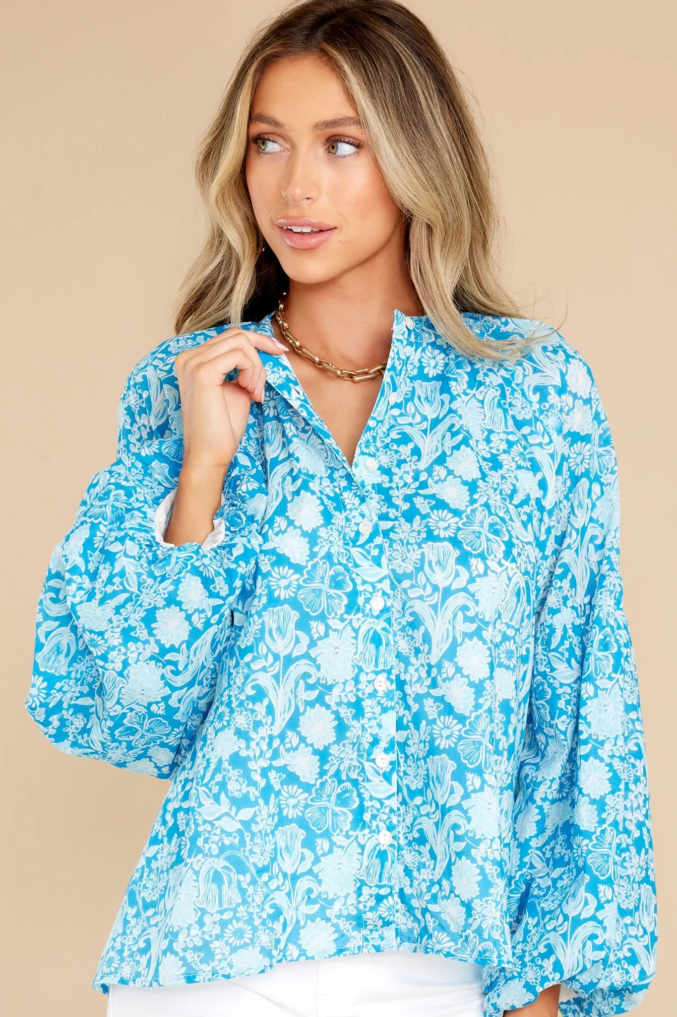 Emory Mini Garden Floral Aqua Blouse