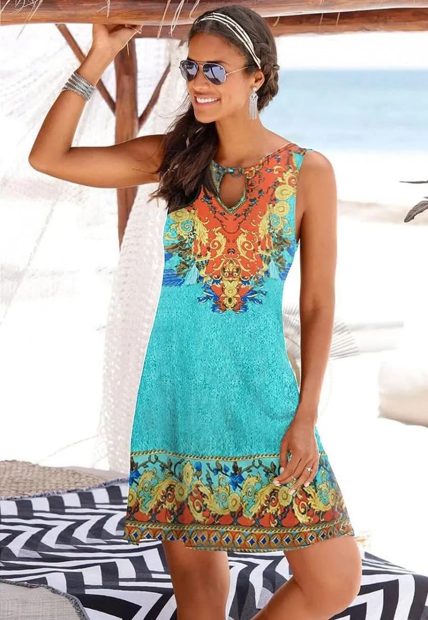 ETCYY NEW Summer Dresses for Women Trendy Boho Floral Print Sundresses Sleeveless Beach Cover Up Dress with Pockets