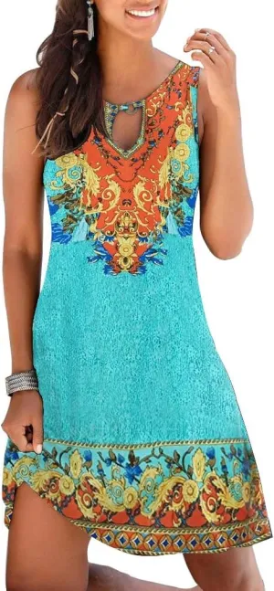 ETCYY NEW Summer Dresses for Women Trendy Boho Floral Print Sundresses Sleeveless Beach Cover Up Dress with Pockets