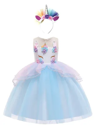 Fancydresswale Unicorn Blue dress for Girls with headband
