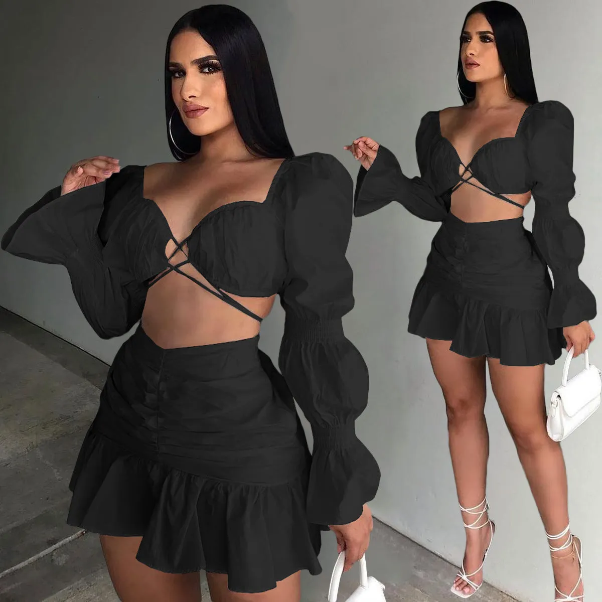 Fashion Lantern Sleeve pleated skirt two piece set AY1932