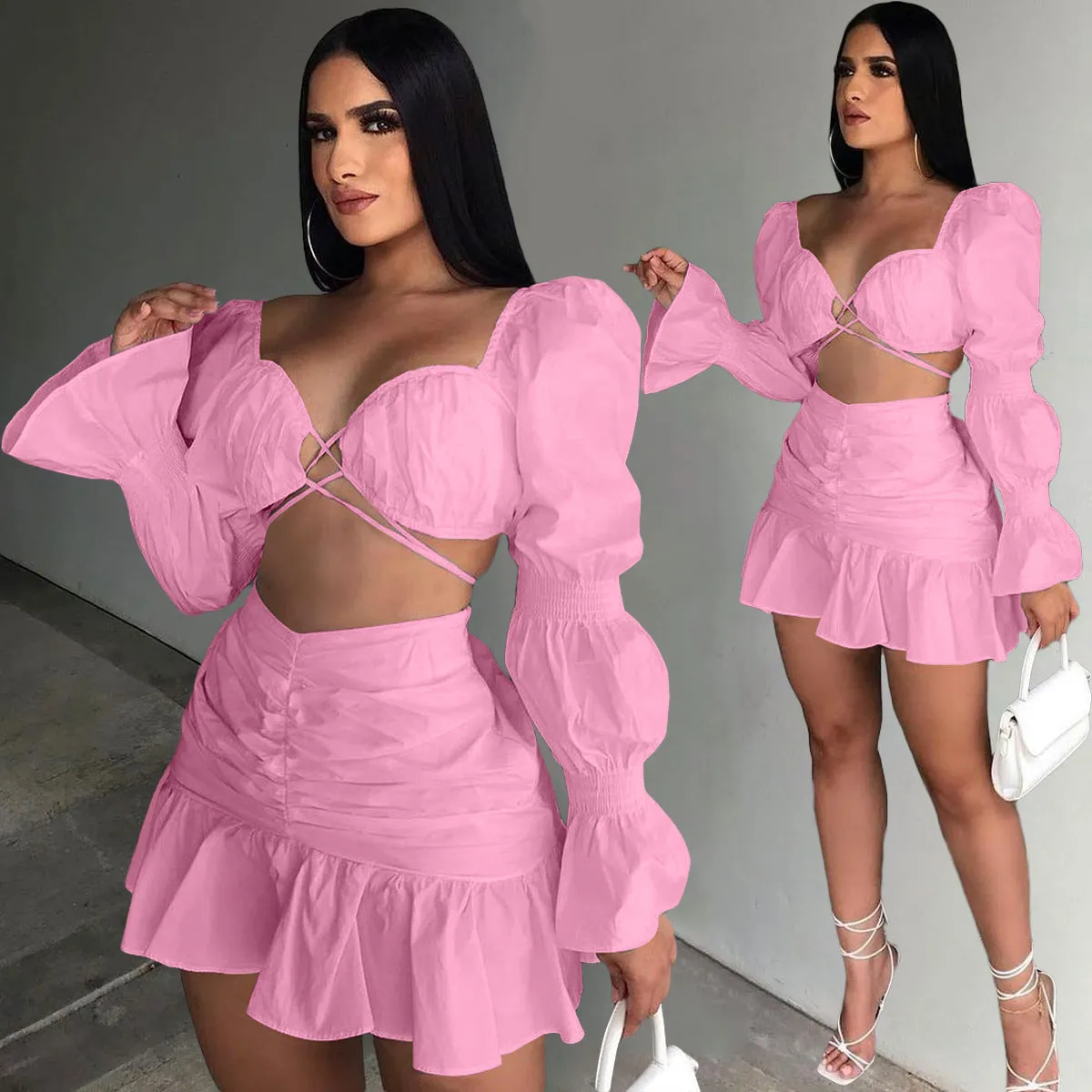 Fashion Lantern Sleeve pleated skirt two piece set AY1932