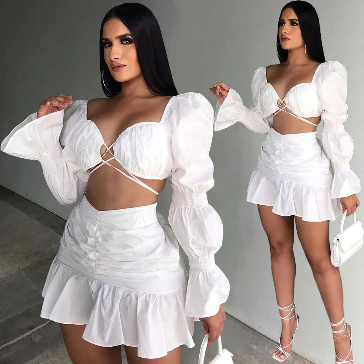 Fashion Lantern Sleeve pleated skirt two piece set AY1932