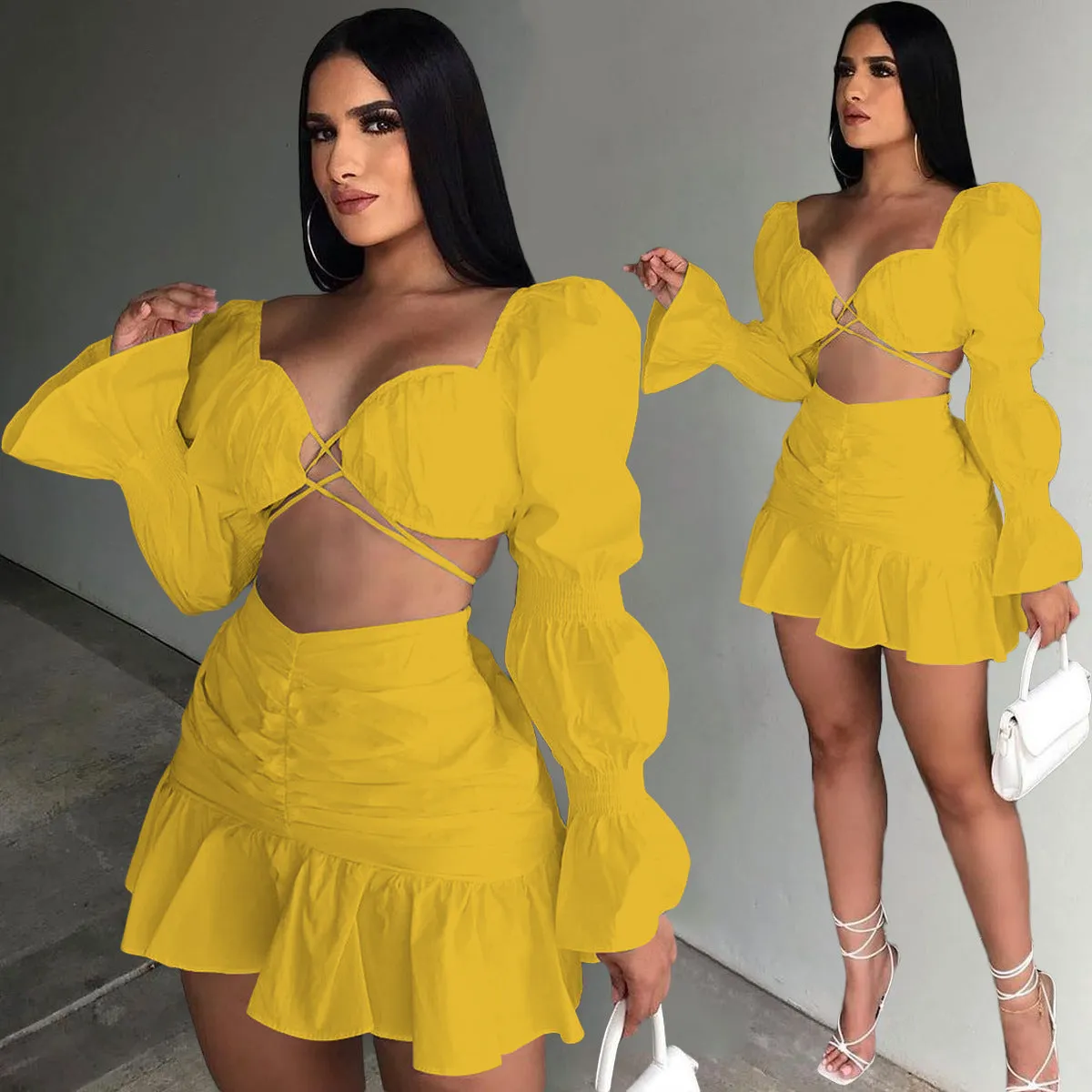 Fashion Lantern Sleeve pleated skirt two piece set AY1932