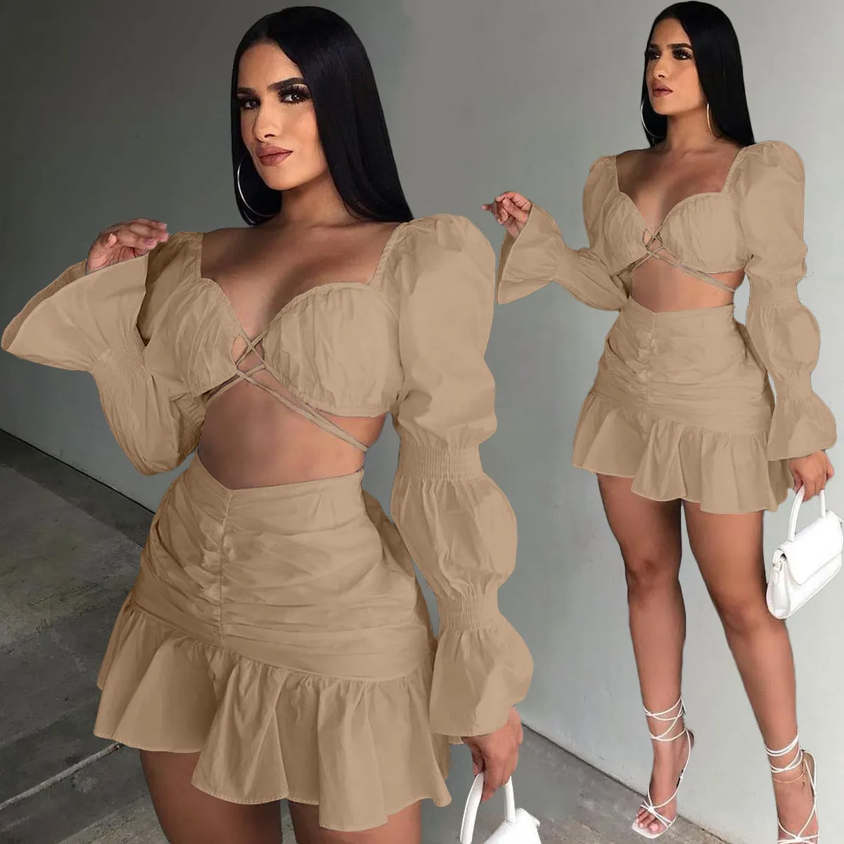 Fashion Lantern Sleeve pleated skirt two piece set AY1932