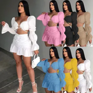 Fashion Lantern Sleeve pleated skirt two piece set AY1932