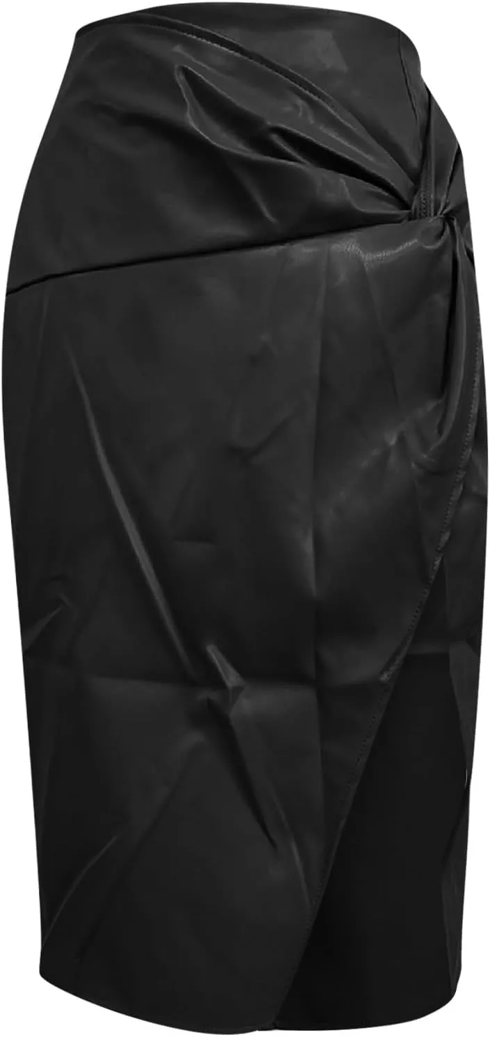 Faux Leather Pencil Skirt for Women High Waisted Knee Length Stretch Bodycon Skirt Vintage Elegant Office Lady Midi Skirts