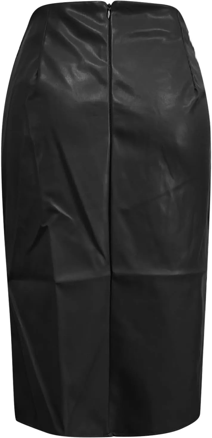 Faux Leather Pencil Skirt for Women High Waisted Knee Length Stretch Bodycon Skirt Vintage Elegant Office Lady Midi Skirts