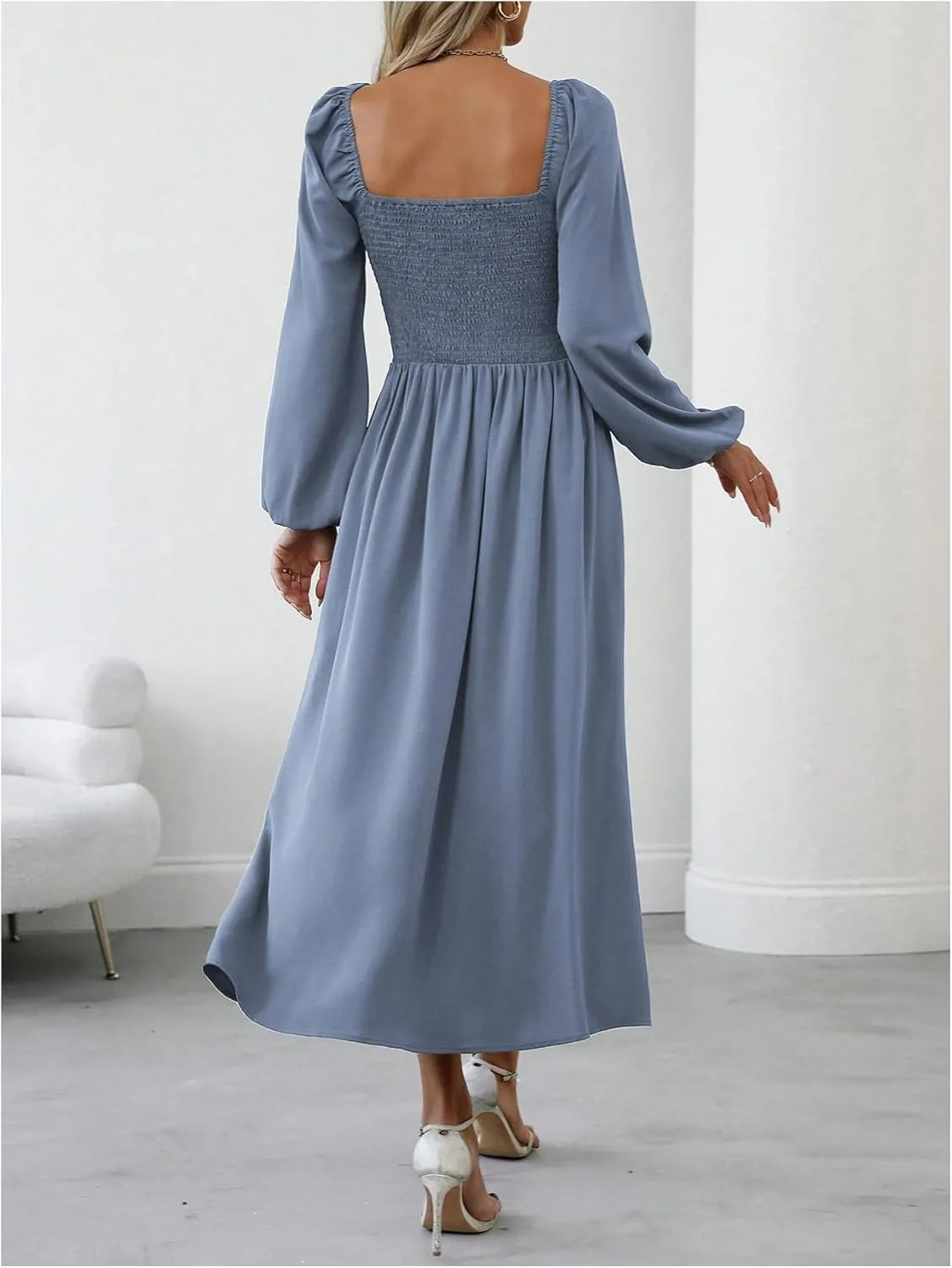 Floerns Women's Square Neck Lantern Long Sleeve Dress Split Ruched Party Midi Dresses