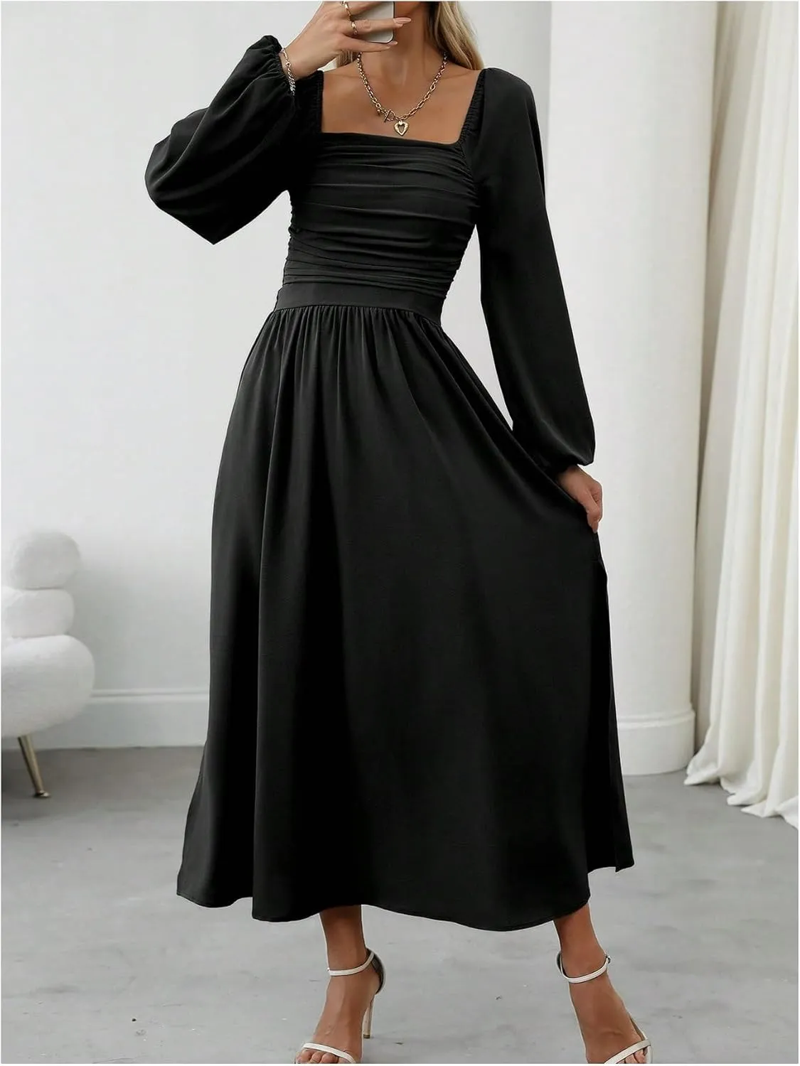 Floerns Women's Square Neck Lantern Long Sleeve Dress Split Ruched Party Midi Dresses
