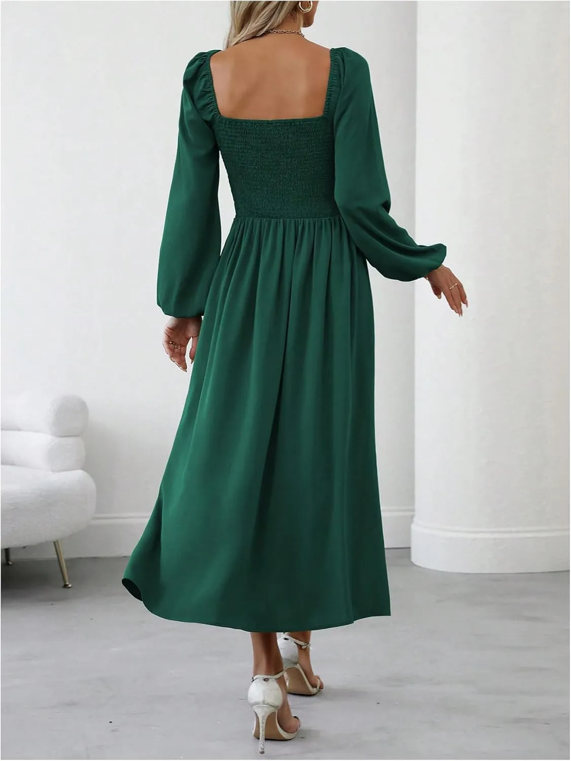 Floerns Women's Square Neck Lantern Long Sleeve Dress Split Ruched Party Midi Dresses