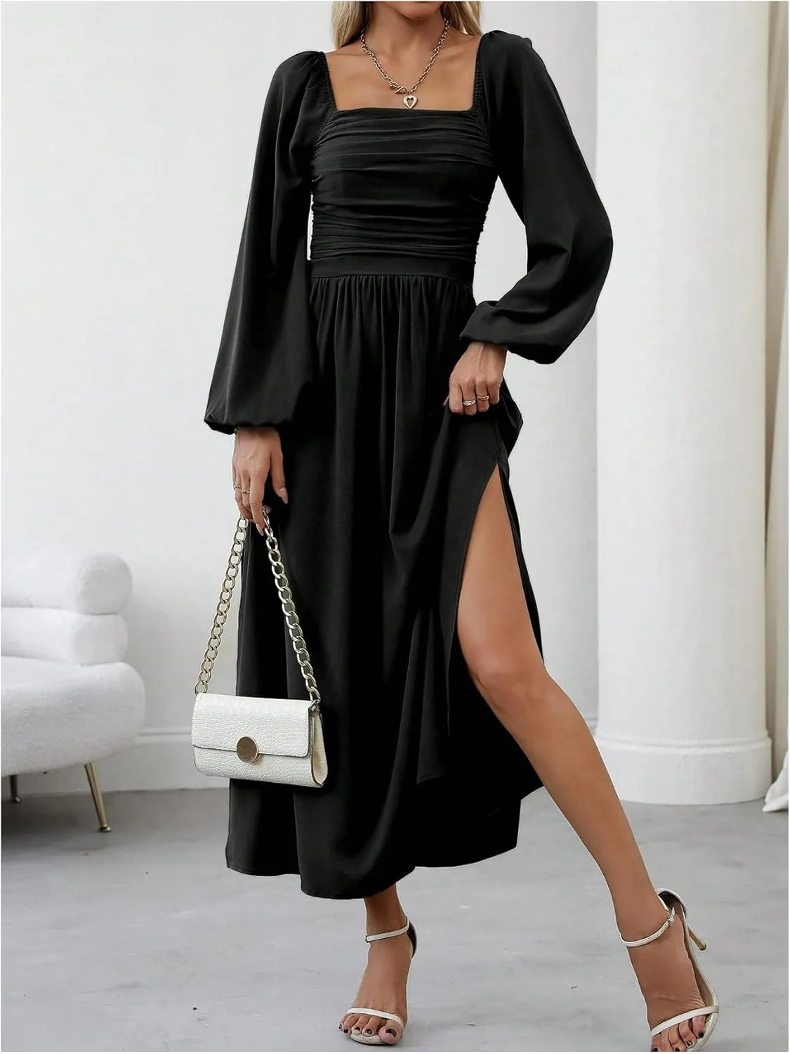 Floerns Women's Square Neck Lantern Long Sleeve Dress Split Ruched Party Midi Dresses