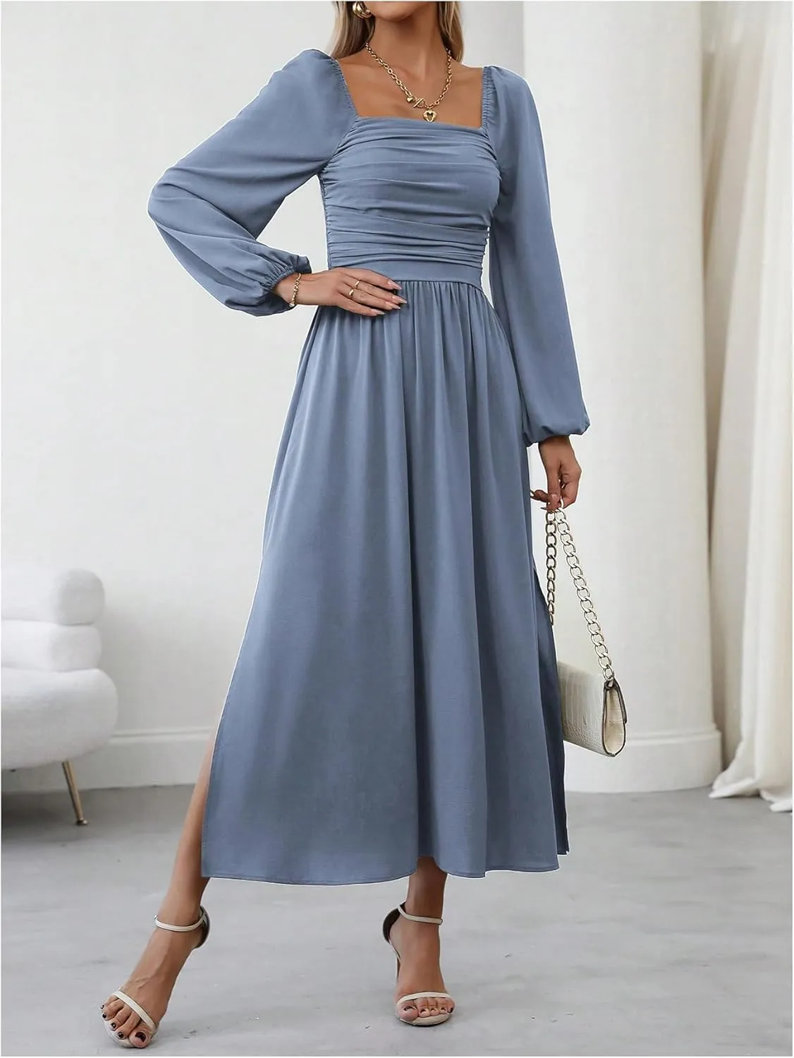 Floerns Women's Square Neck Lantern Long Sleeve Dress Split Ruched Party Midi Dresses