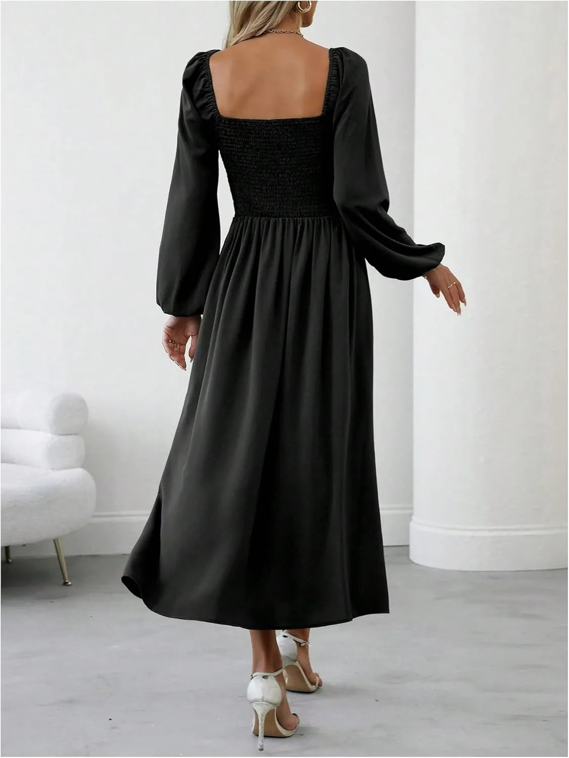 Floerns Women's Square Neck Lantern Long Sleeve Dress Split Ruched Party Midi Dresses