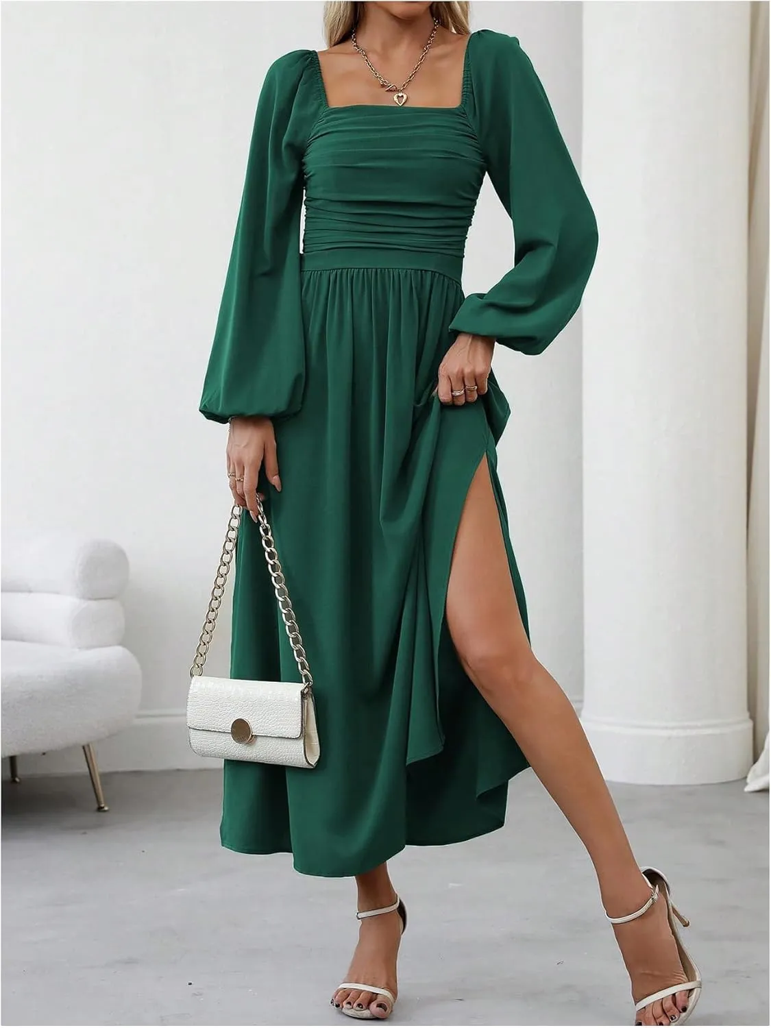 Floerns Women's Square Neck Lantern Long Sleeve Dress Split Ruched Party Midi Dresses