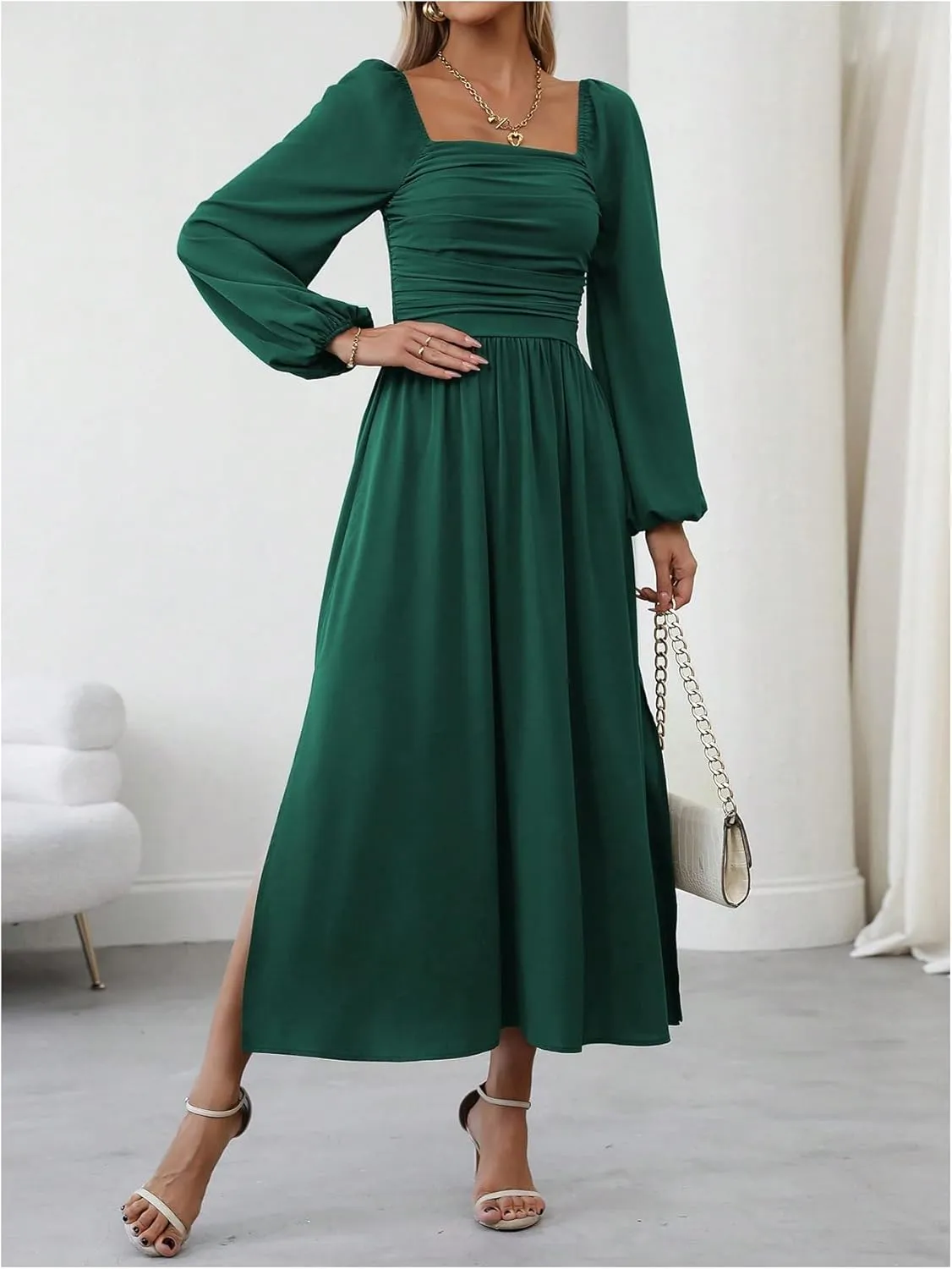 Floerns Women's Square Neck Lantern Long Sleeve Dress Split Ruched Party Midi Dresses