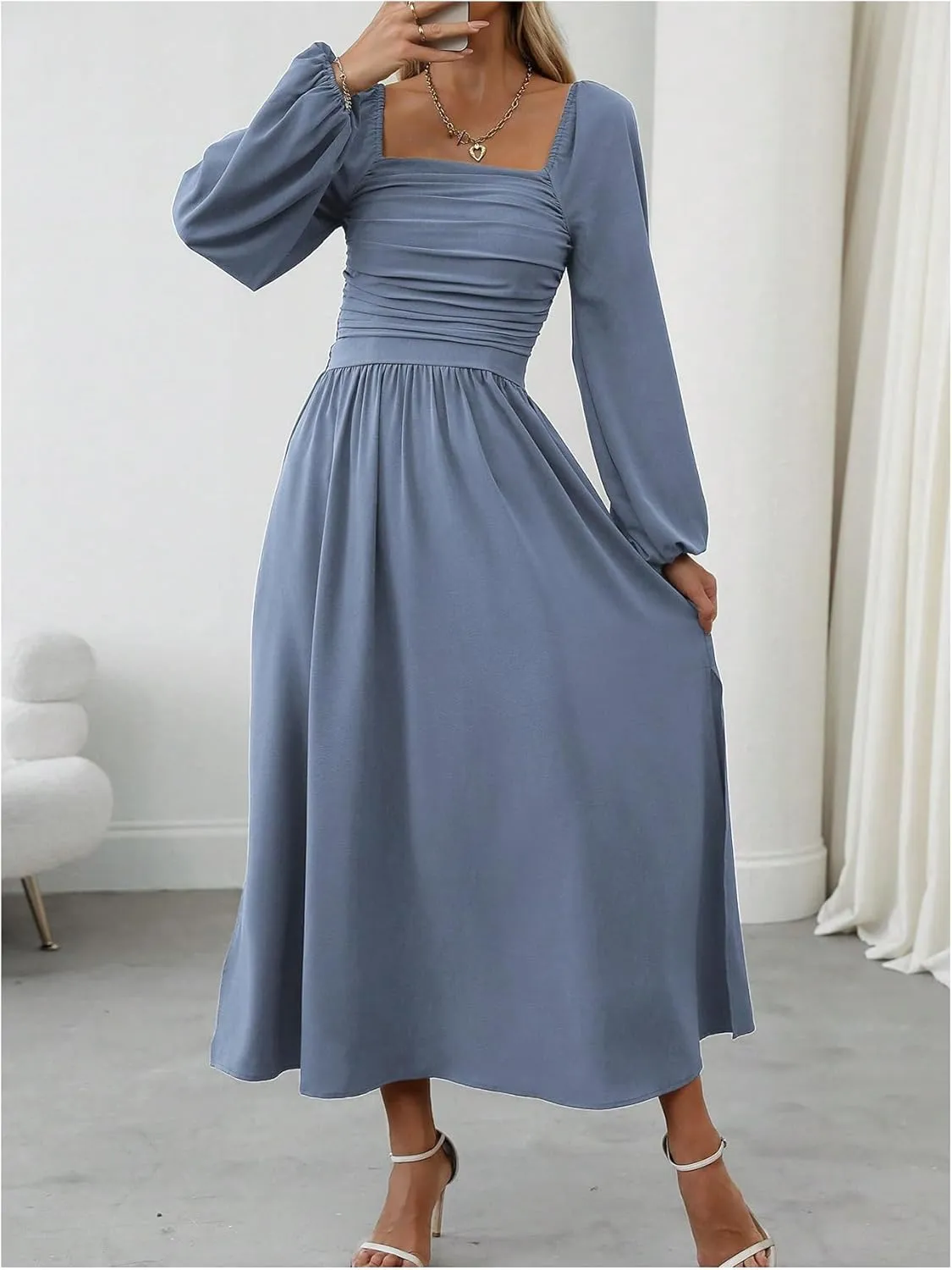 Floerns Women's Square Neck Lantern Long Sleeve Dress Split Ruched Party Midi Dresses