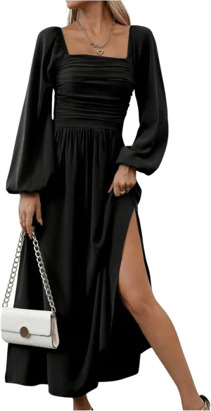 Floerns Women's Square Neck Lantern Long Sleeve Dress Split Ruched Party Midi Dresses