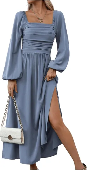 Floerns Women's Square Neck Lantern Long Sleeve Dress Split Ruched Party Midi Dresses
