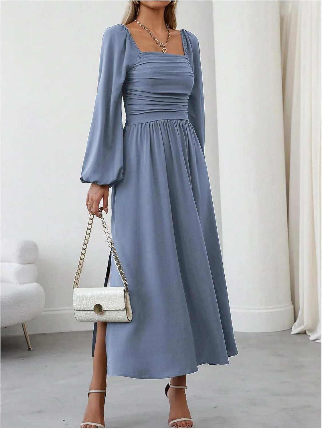 Floerns Women's Square Neck Lantern Long Sleeve Dress Split Ruched Party Midi Dresses