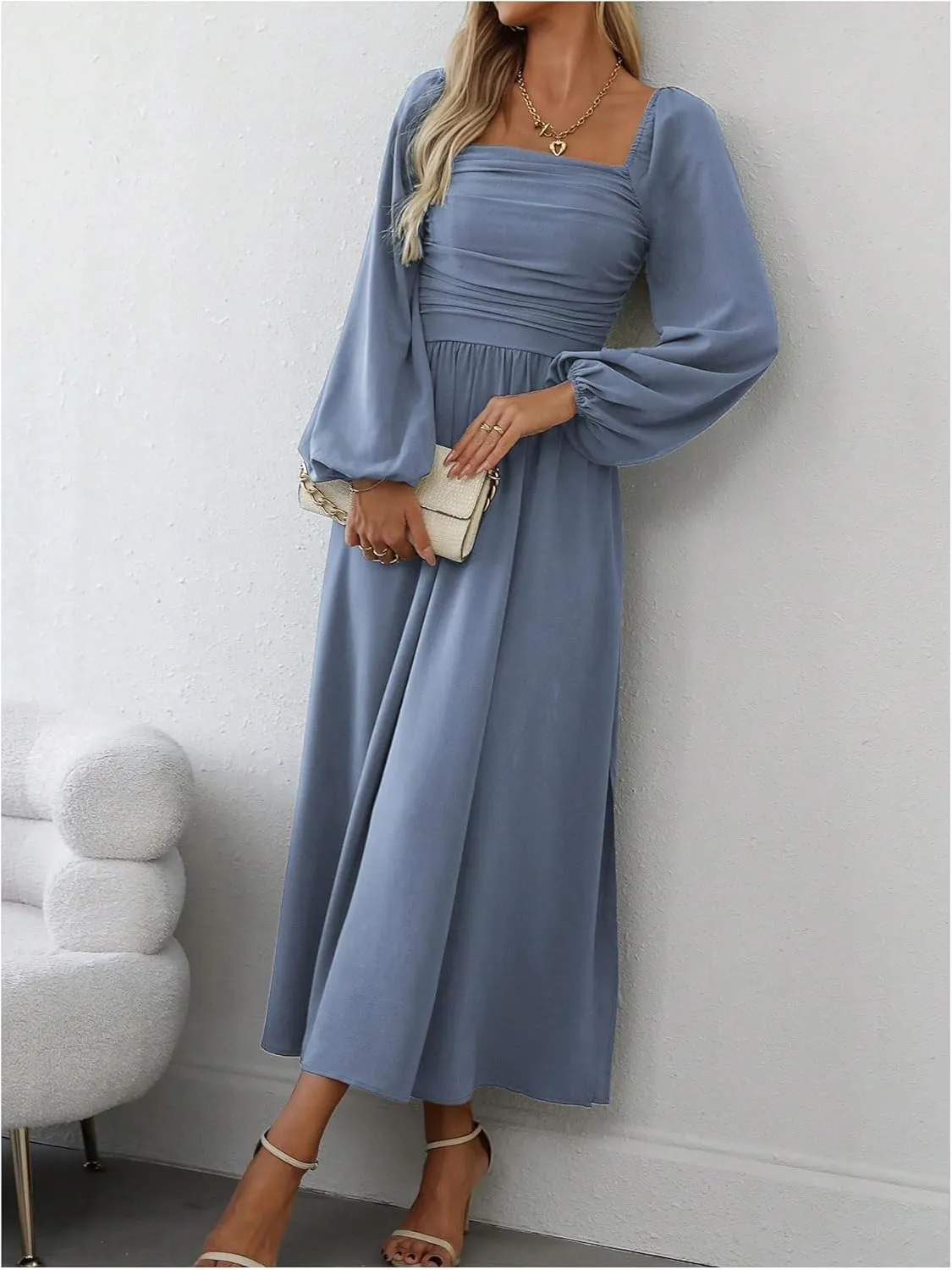 Floerns Women's Square Neck Lantern Long Sleeve Dress Split Ruched Party Midi Dresses