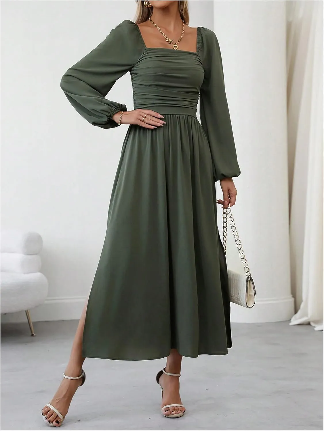 Floerns Women's Square Neck Lantern Long Sleeve Dress Split Ruched Party Midi Dresses