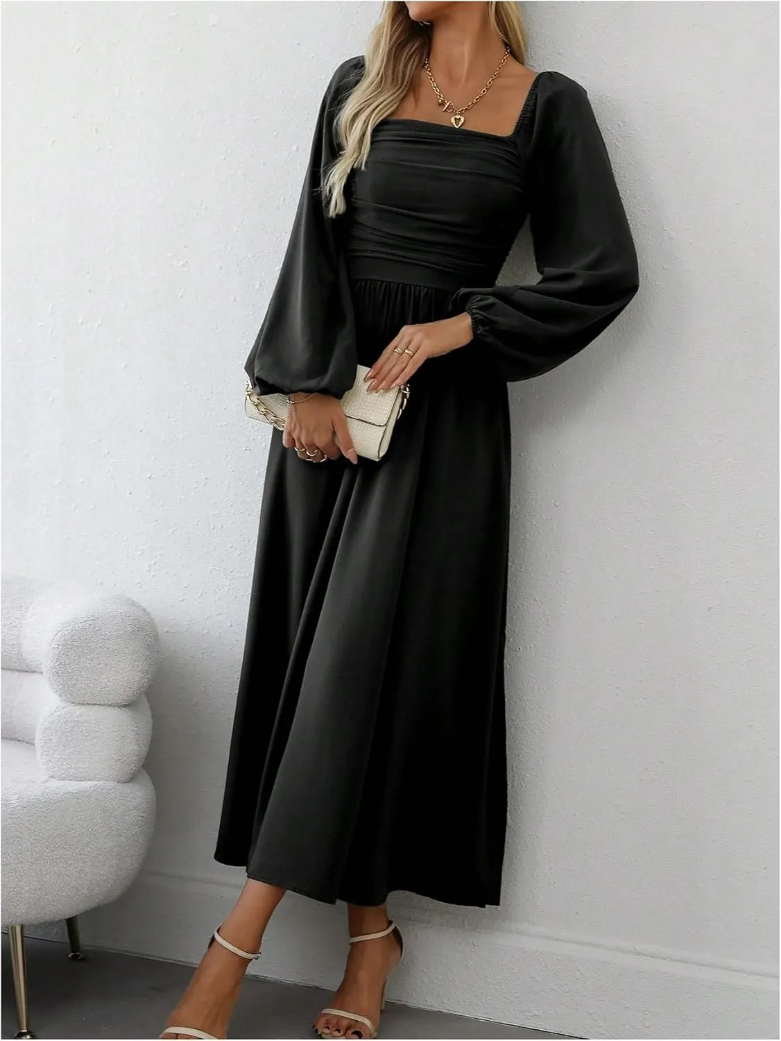 Floerns Women's Square Neck Lantern Long Sleeve Dress Split Ruched Party Midi Dresses