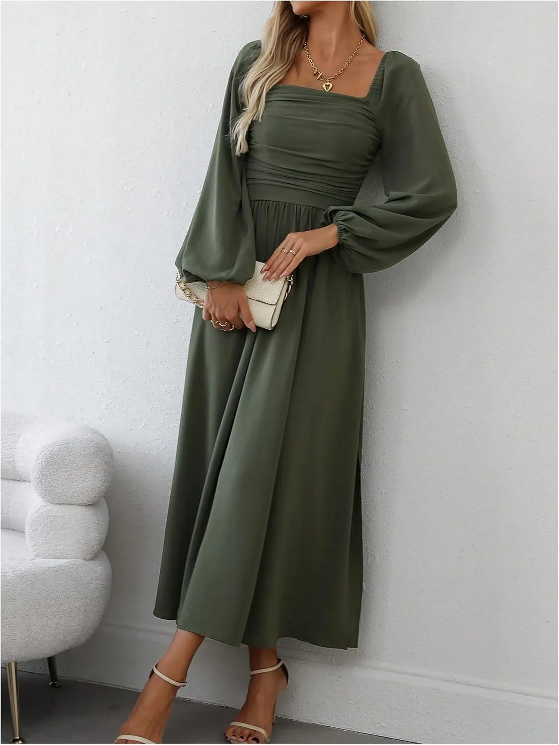 Floerns Women's Square Neck Lantern Long Sleeve Dress Split Ruched Party Midi Dresses