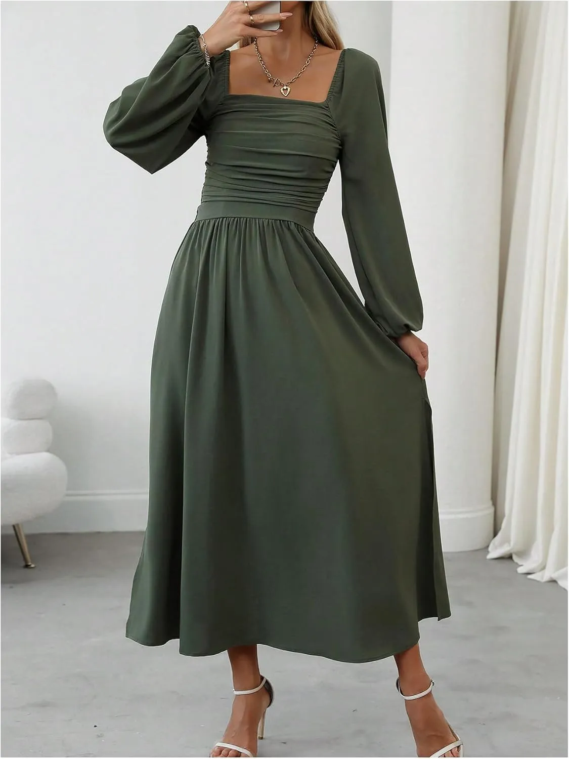 Floerns Women's Square Neck Lantern Long Sleeve Dress Split Ruched Party Midi Dresses